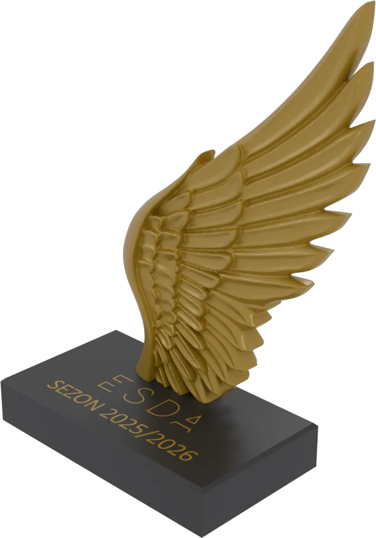 Złota statuetka w kształcie skrzydła na czarnej podstawie z napisem ESDA Sezon 2025/2026