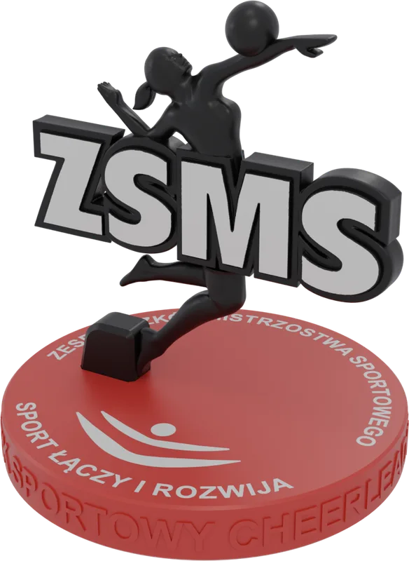 Statuetka ZSMS: czarna sylwetka siatkarki i napis ZSMS na czerwonej podstawie